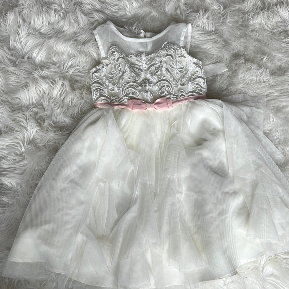 Girls cream dress with light pink ribbon